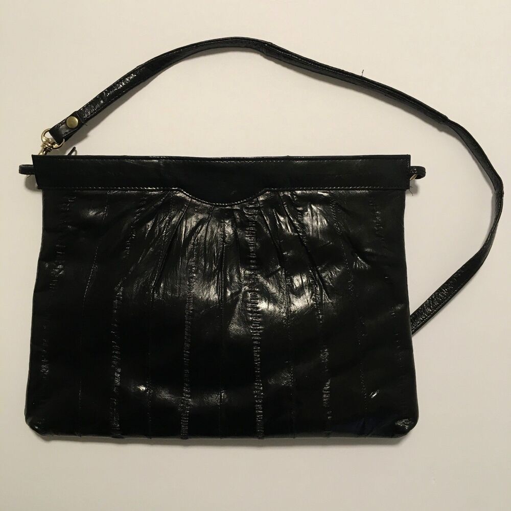 Black Eel Exotic Leather Purse Zippered Clutch Removeable Strap 12 x 8.5